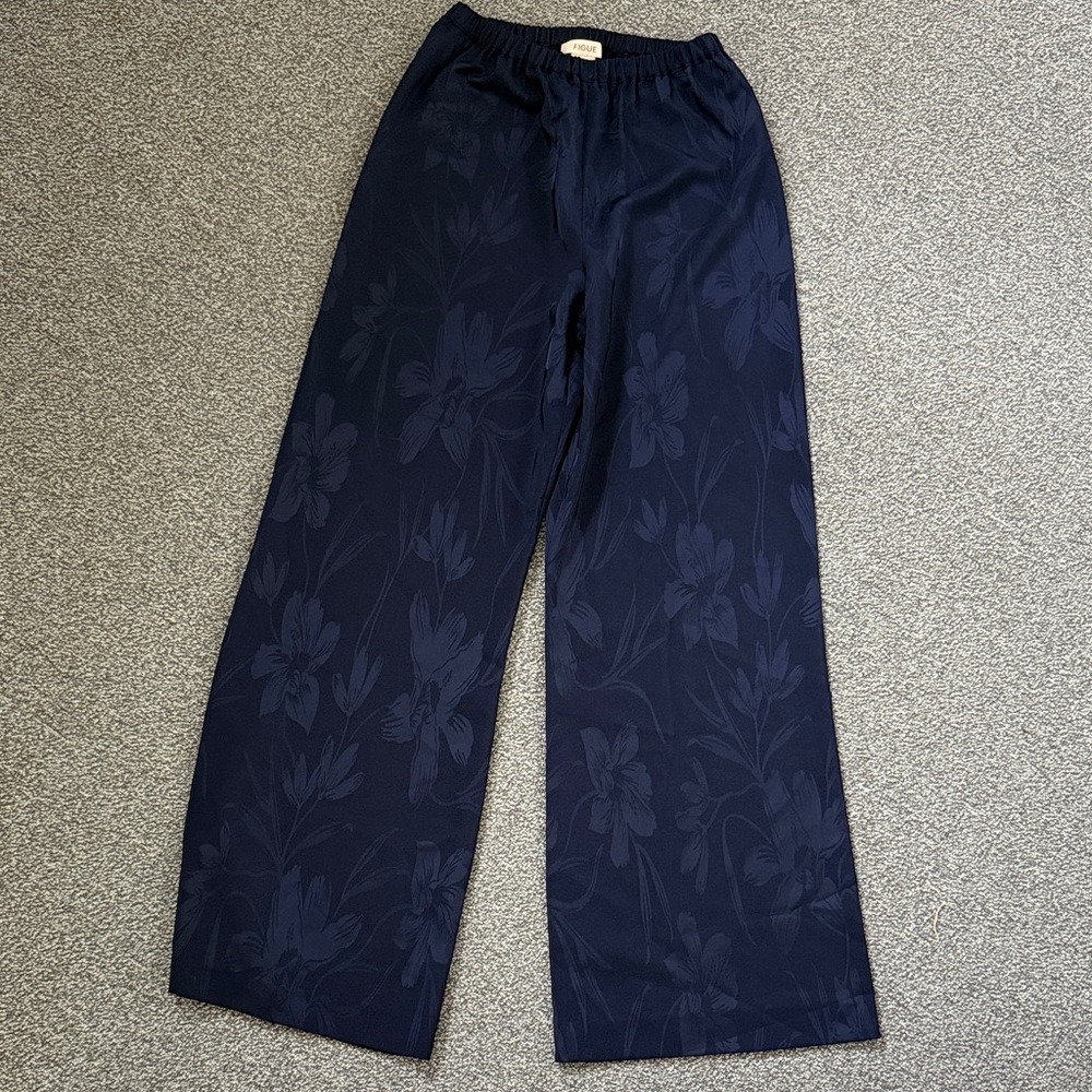 FIGUE Navy Wide-Leg Floral Trousers